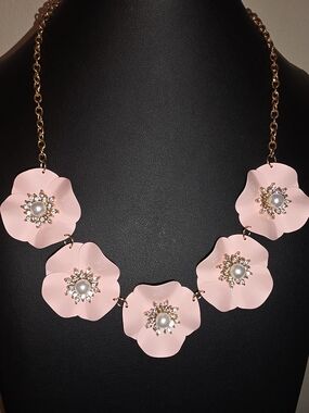 Pink Floral Statement Necklace Faux Pearls And Crystals